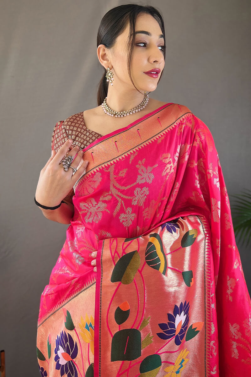 Lovely Dark Pink Paithani Silk Saree With Mesmerising Blouse Piece