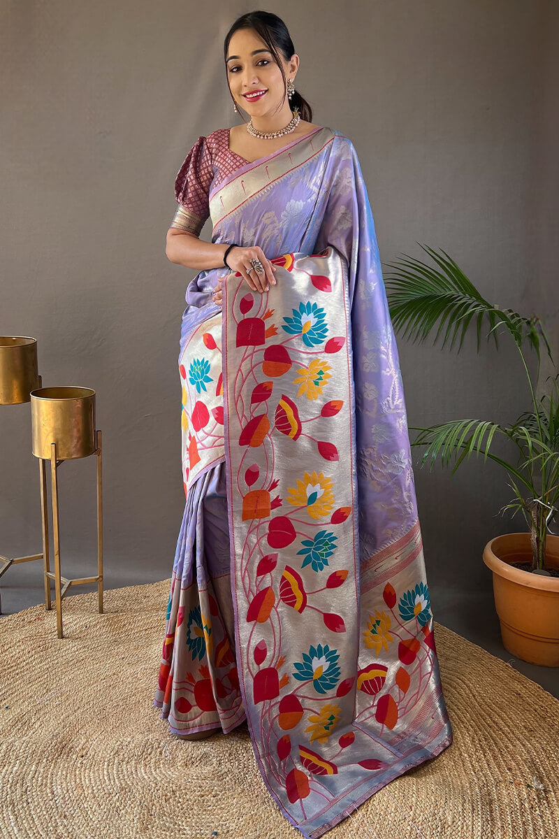 Elegant Lavender Paithani Silk Saree With Gleaming Blouse Piece