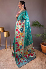 Girlish Rama Paithani Silk Saree With Surpassing Blouse Piece