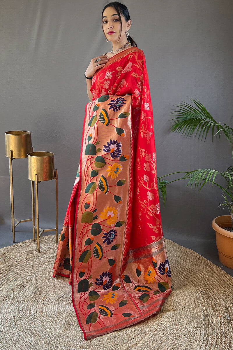 Engrossing Red Paithani Silk Saree With Hypnotic Blouse Piece