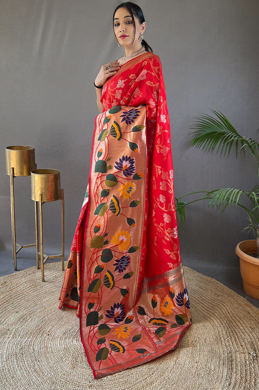 Engrossing Red Paithani Silk Saree With Hypnotic Blouse Piece
