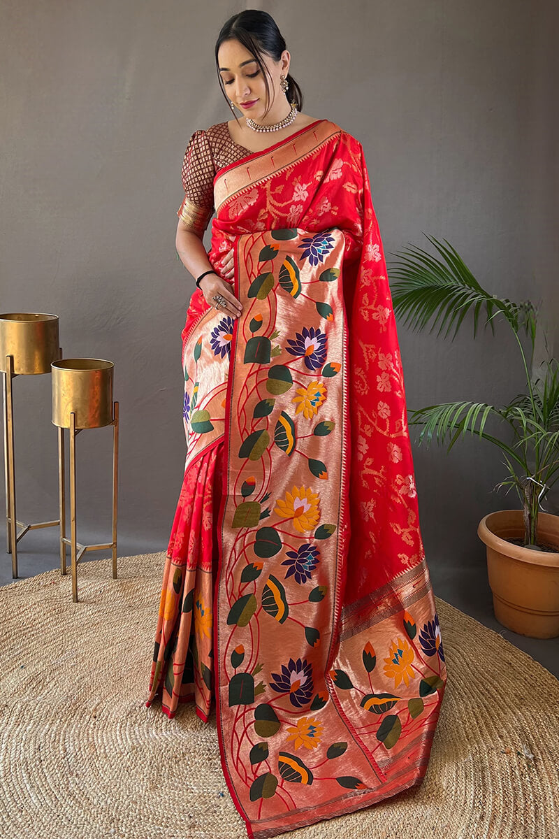 Engrossing Red Paithani Silk Saree With Hypnotic Blouse Piece