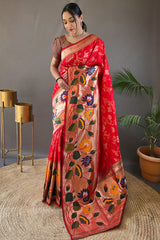 Engrossing Red Paithani Silk Saree With Hypnotic Blouse Piece