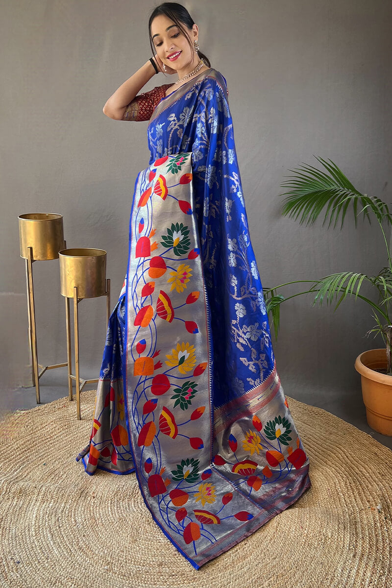 Opulent Royal Blue Paithani Silk Saree With Preferable Blouse Piece