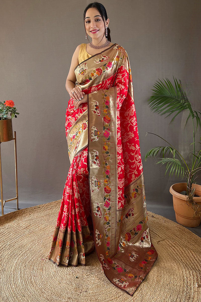 Stunning Red Paithani Silk Saree With Deserving Blouse Piece