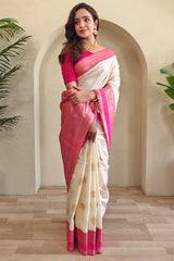 Innovative Beige Soft Banarasi Silk Saree With Desirable Blouse Piece