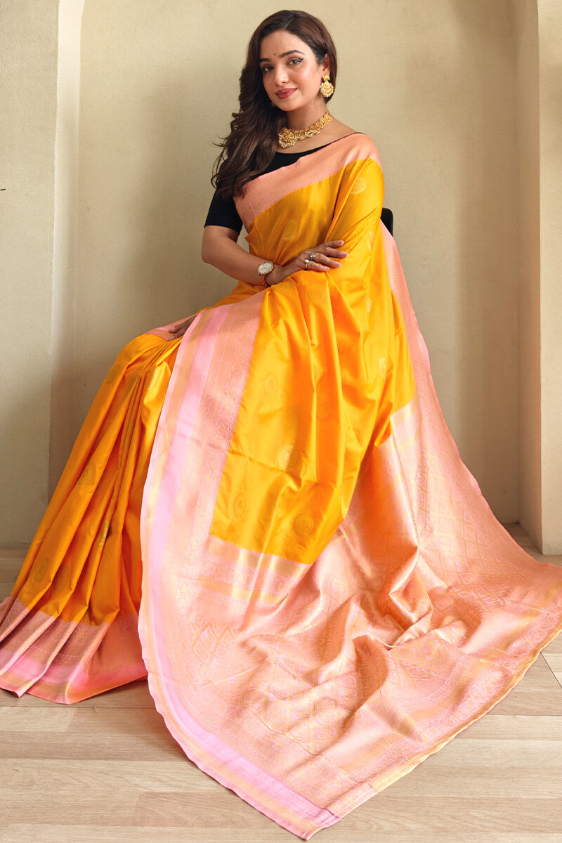 Woebegone Orange Soft Banarasi Silk Saree With Devastating Blouse Piece