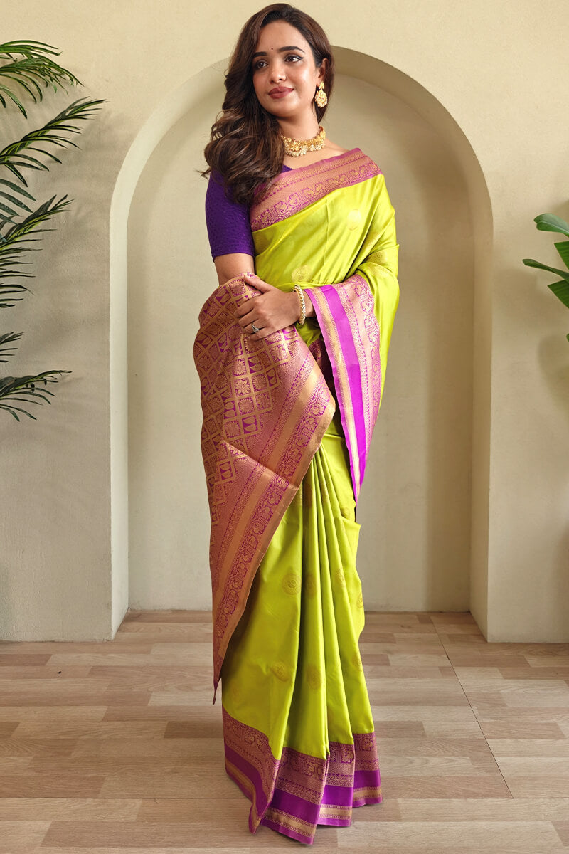 Moiety Parrot Soft Banarasi Silk Saree With Vibrant Blouse Piece