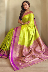 Moiety Parrot Soft Banarasi Silk Saree With Vibrant Blouse Piece