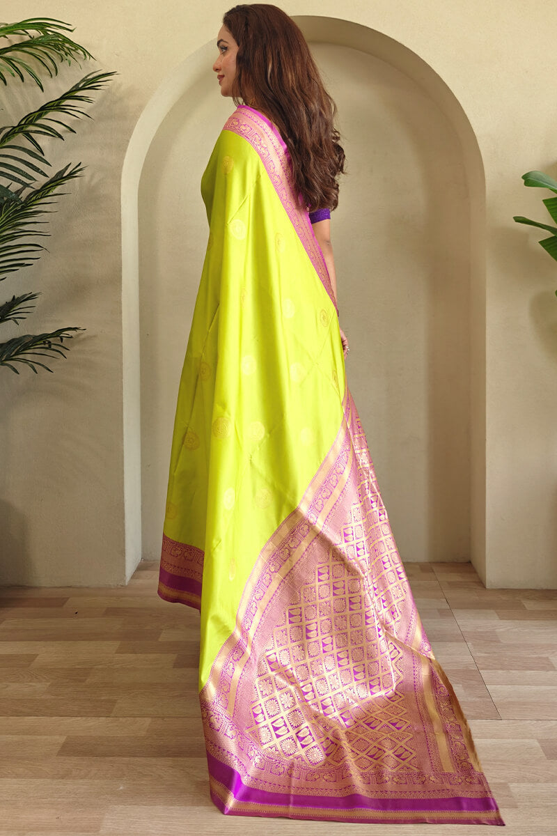 Moiety Parrot Soft Banarasi Silk Saree With Vibrant Blouse Piece