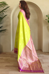 Moiety Parrot Soft Banarasi Silk Saree With Vibrant Blouse Piece