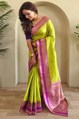 Moiety Parrot Soft Banarasi Silk Saree With Vibrant Blouse Piece