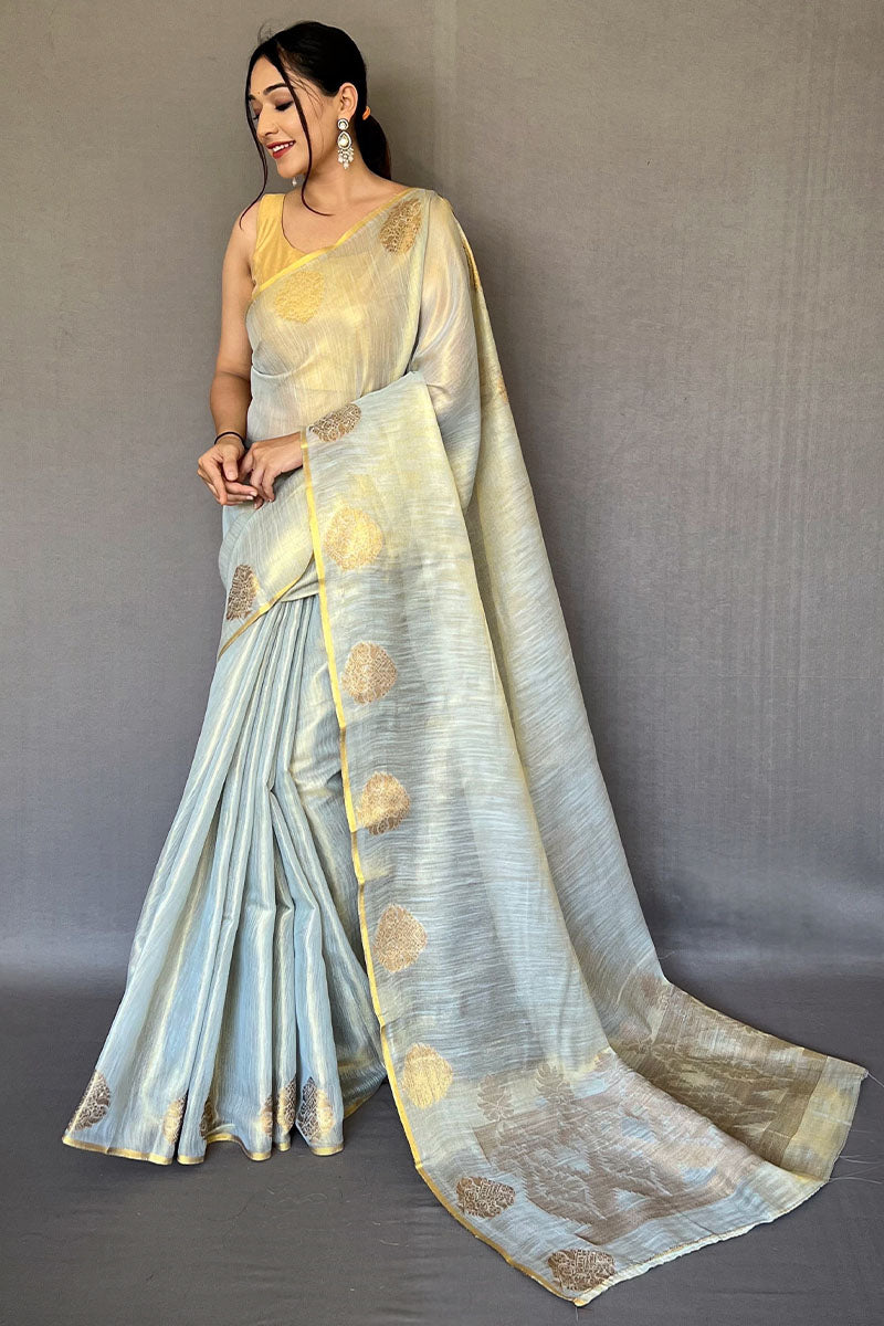 Enthralling Grey Soft Banarasi Tissue Silk Saree With Tantalizing Blouse Piece