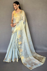 Enthralling Grey Soft Banarasi Tissue Silk Saree With Tantalizing Blouse Piece