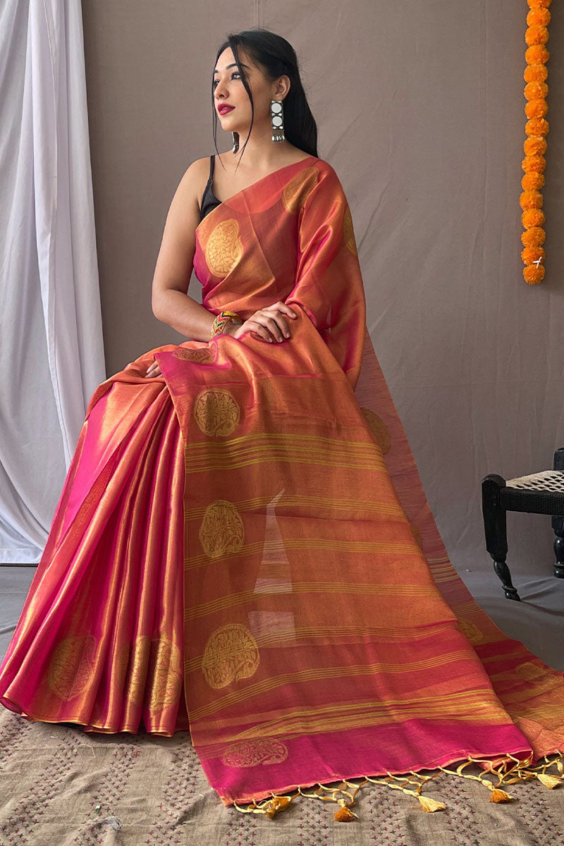 Classy Dark Pink Soft Banarasi Tissue Silk Saree With Gleaming Blouse Piece