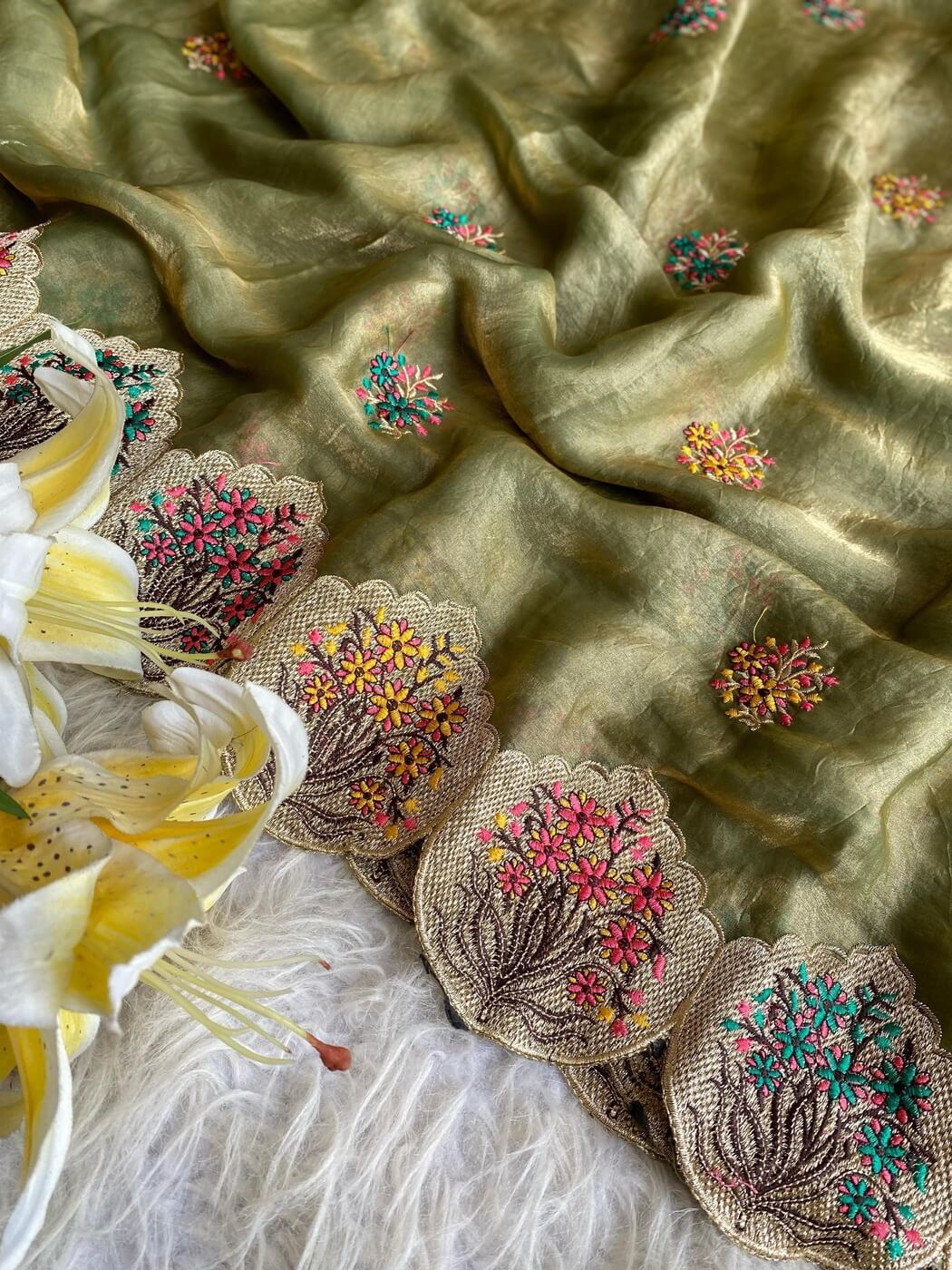 Comely Mehndi Embroidery Work Fendy Silk Saree With Effervescent Blouse Piece