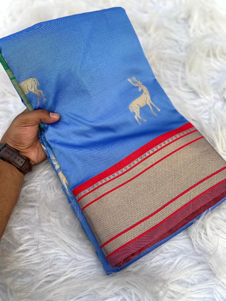 Hypnotic Firozi Pure Zari Weaving Banarasi Silk Saree With Desiring Blouse Piece