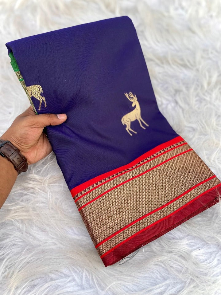 Seraphic Navy Blue Pure Zari Weaving Banarasi Silk Saree With Adoring Blouse Piece