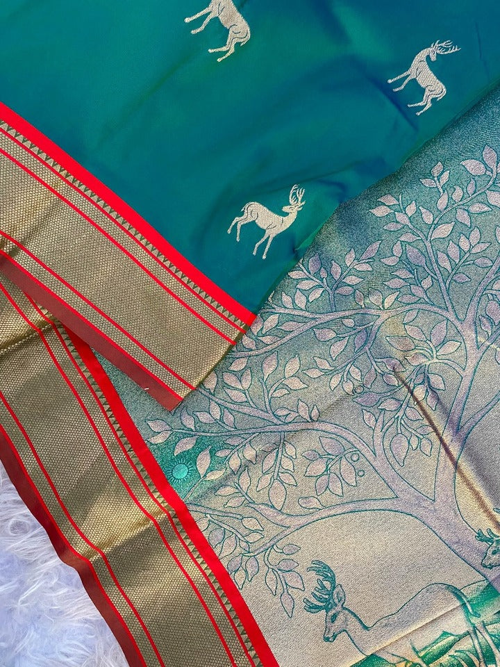 Ornate Rama Pure Zari Weaving Banarasi Silk Saree With Majesty Blouse Piece
