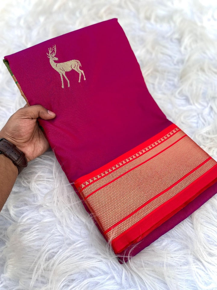 Profuse Wine Pure Zari Weaving Banarasi Silk Saree With Resonant Blouse Piece