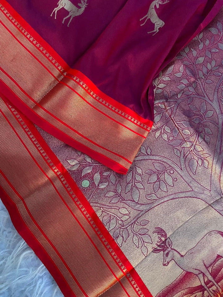 Profuse Wine Pure Zari Weaving Banarasi Silk Saree With Resonant Blouse Piece