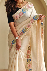 Lagniappe Beige Embroidery Work Tussar Silk Saree With Petrichor Blouse Piece