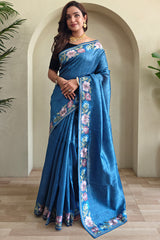 Cynosure Blue Embroidery Work Tussar Silk Saree With Classy Blouse Piece