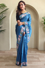 Cynosure Blue Embroidery Work Tussar Silk Saree With Classy Blouse Piece