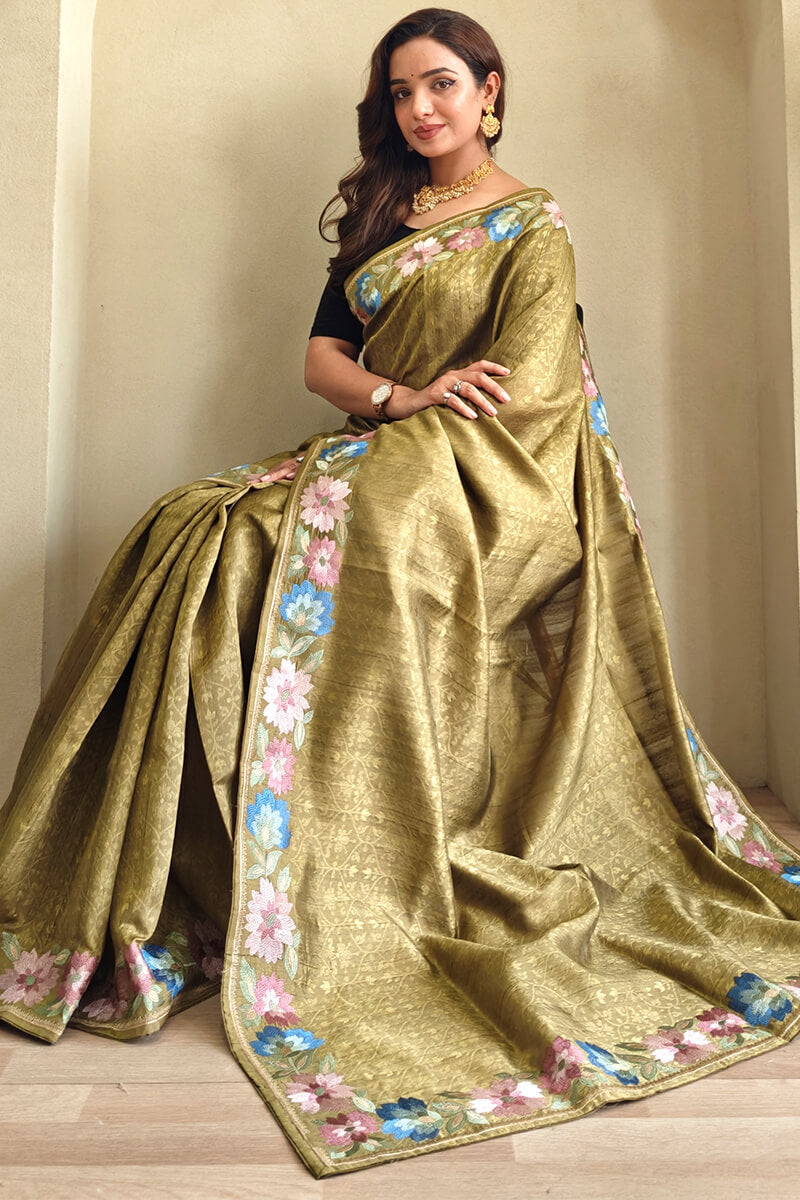 Vivacious Green Embroidery Work Tussar Silk Saree With Improbable Blouse Piece