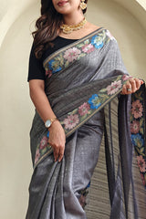 Sizzling Grey Embroidery Work Tussar Silk Saree With Enticing Blouse Piece