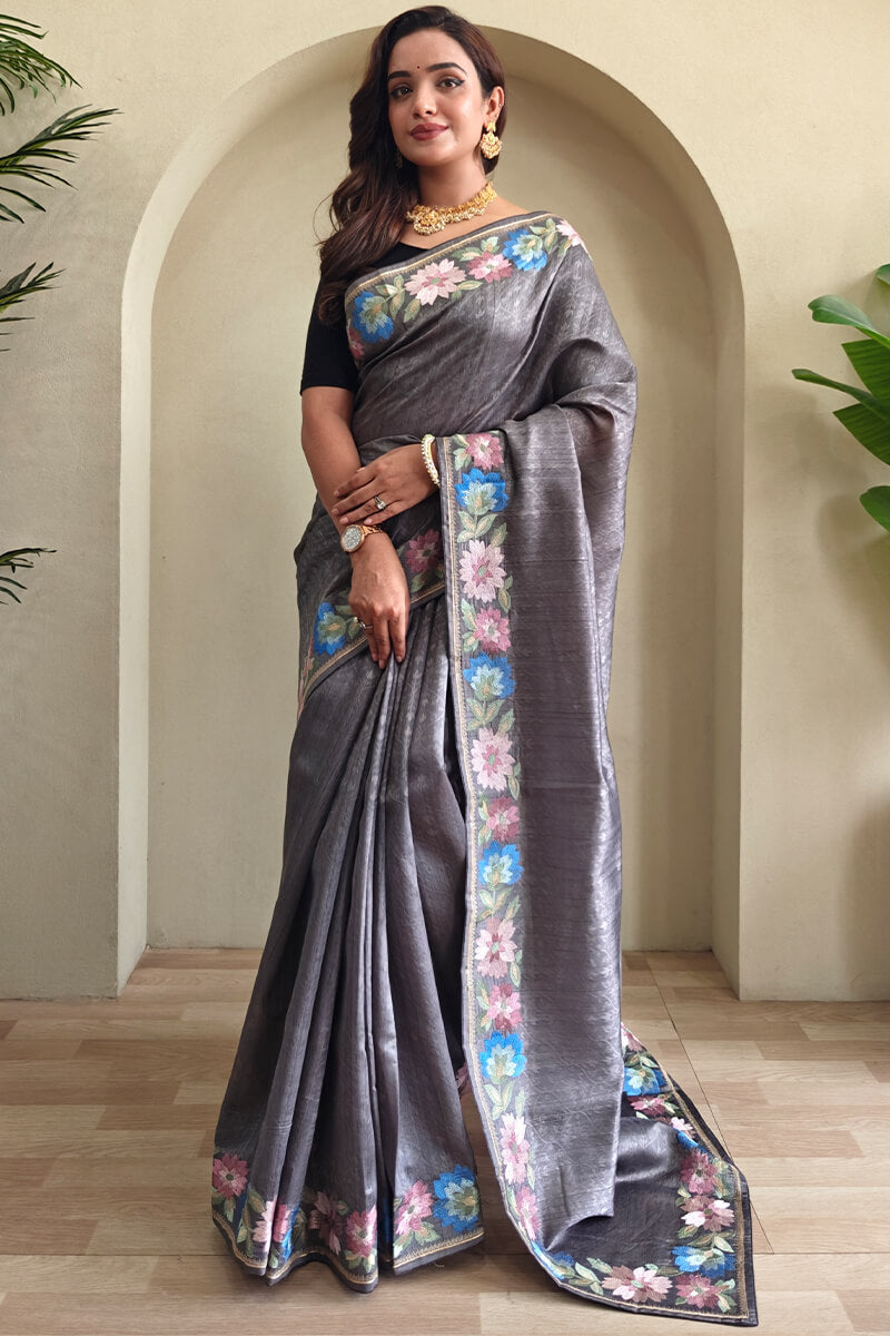 Sizzling Grey Embroidery Work Tussar Silk Saree With Enticing Blouse Piece
