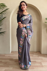 Sizzling Grey Embroidery Work Tussar Silk Saree With Enticing Blouse Piece