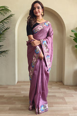 Demure Purple Embroidery Work Tussar Silk Saree With Extraordinary Blouse Piece