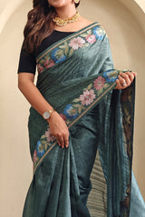 Breathtaking Rama Embroidery Work Tussar Silk Saree With Palimpsest Blouse Piece