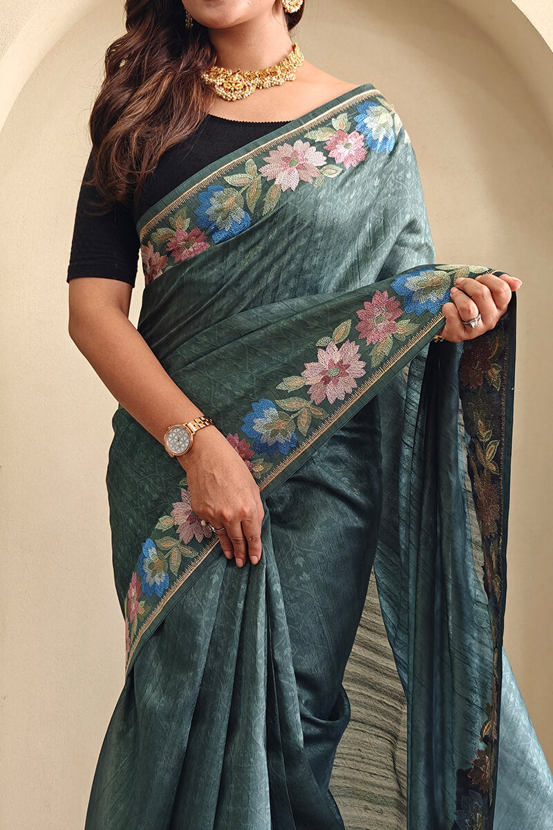 Breathtaking Rama Embroidery Work Tussar Silk Saree With Palimpsest Blouse Piece