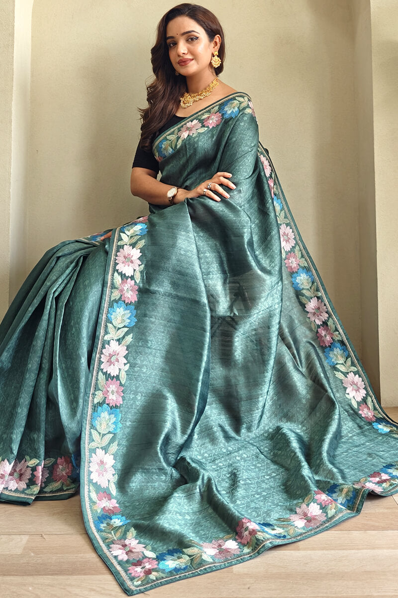 Breathtaking Rama Embroidery Work Tussar Silk Saree With Palimpsest Blouse Piece