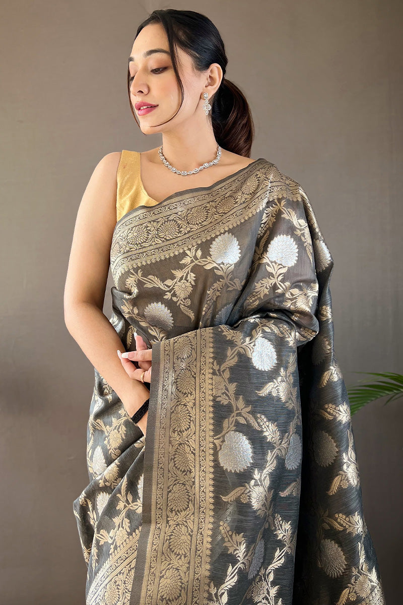 A dreamy Grey Cotton Silk Saree With Prettiest Blouse Piece