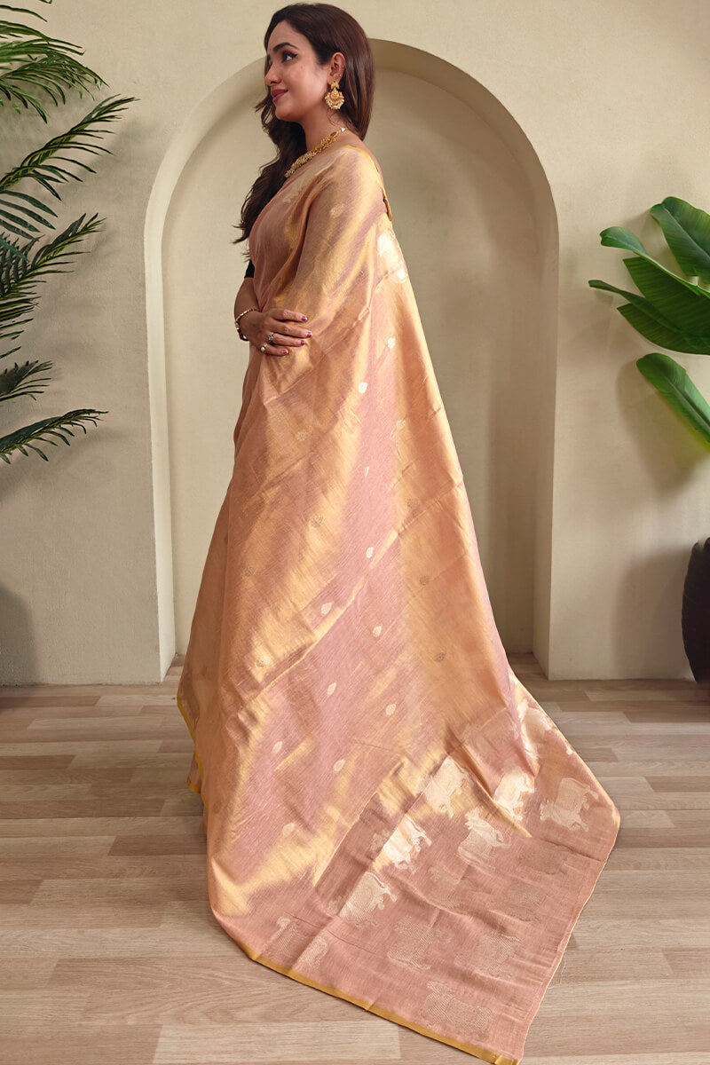 Deserving Baby Pink Soft Banarasi Tissue Silk Saree With Fugacious Blouse Piece