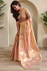 Deserving Baby Pink Soft Banarasi Tissue Silk Saree With Fugacious Blouse Piece