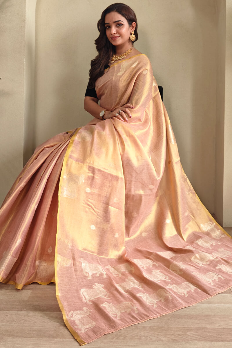 Deserving Baby Pink Soft Banarasi Tissue Silk Saree With Fugacious Blouse Piece