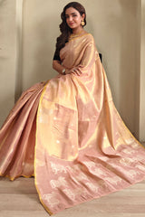 Deserving Baby Pink Soft Banarasi Tissue Silk Saree With Fugacious Blouse Piece