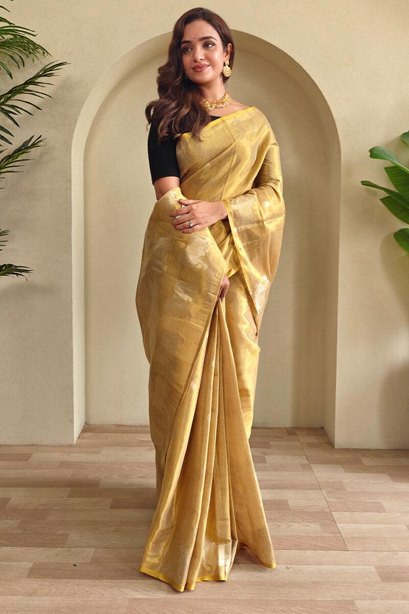 Rhapsody Dark Beige Soft Banarasi Tissue Silk Saree With Ethnic Blouse Piece