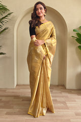 Rhapsody Dark Beige Soft Banarasi Tissue Silk Saree With Ethnic Blouse Piece