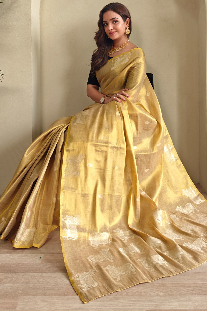 Rhapsody Dark Beige Soft Banarasi Tissue Silk Saree With Ethnic Blouse Piece