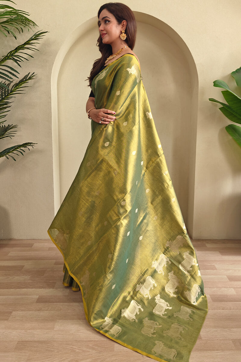 Classic Green Soft Banarasi Tissue Silk Saree With Scrupulous Blouse Piece