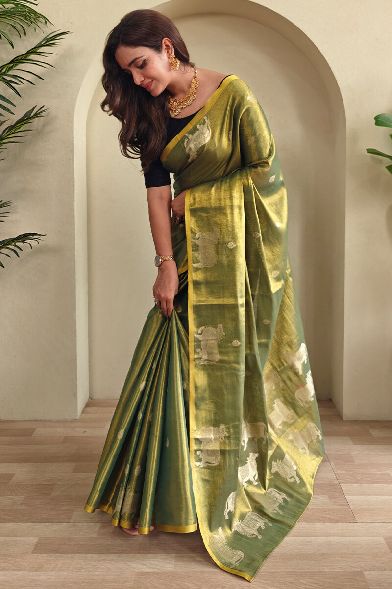 Classic Green Soft Banarasi Tissue Silk Saree With Scrupulous Blouse Piece
