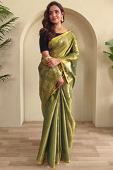Classic Green Soft Banarasi Tissue Silk Saree With Scrupulous Blouse Piece