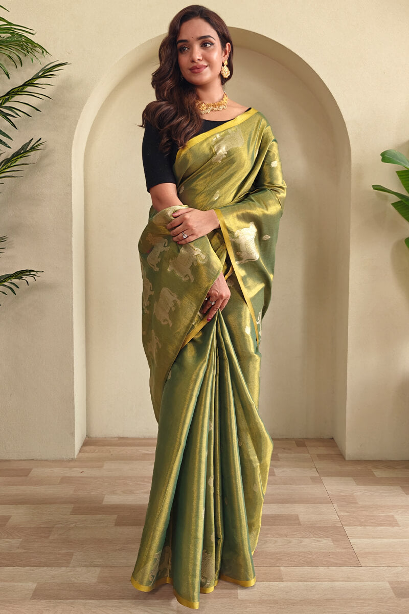 Classic Green Soft Banarasi Tissue Silk Saree With Scrupulous Blouse Piece