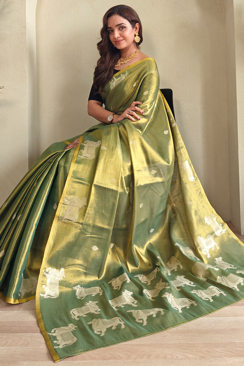 Classic Green Soft Banarasi Tissue Silk Saree With Scrupulous Blouse Piece