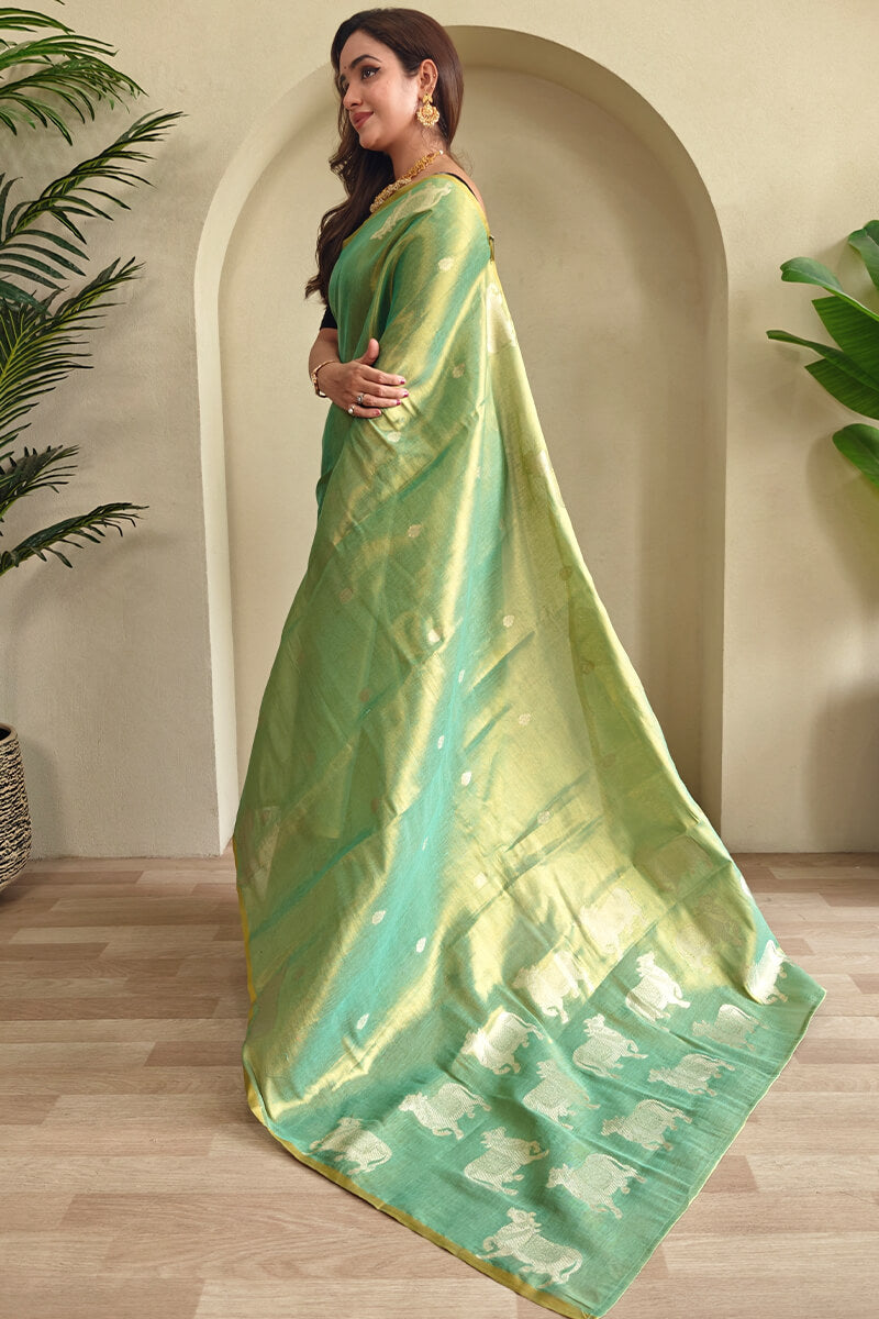 Splendiferous Pista Soft Banarasi Tissue Silk Saree With Elegant Blouse Piece